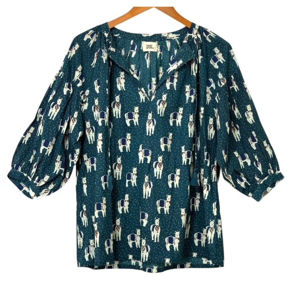 Le Petit Lucas Du Tertre Top Artsy Llama Print V-Neck Tassels Cotton Size L?